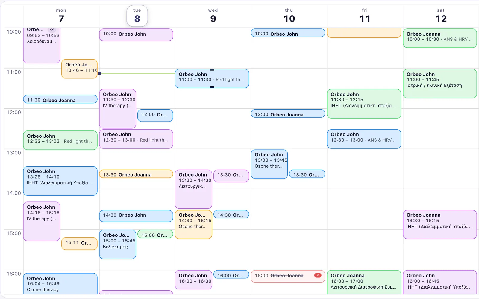 The Orbeo calendar in week view with appointments for several doctors