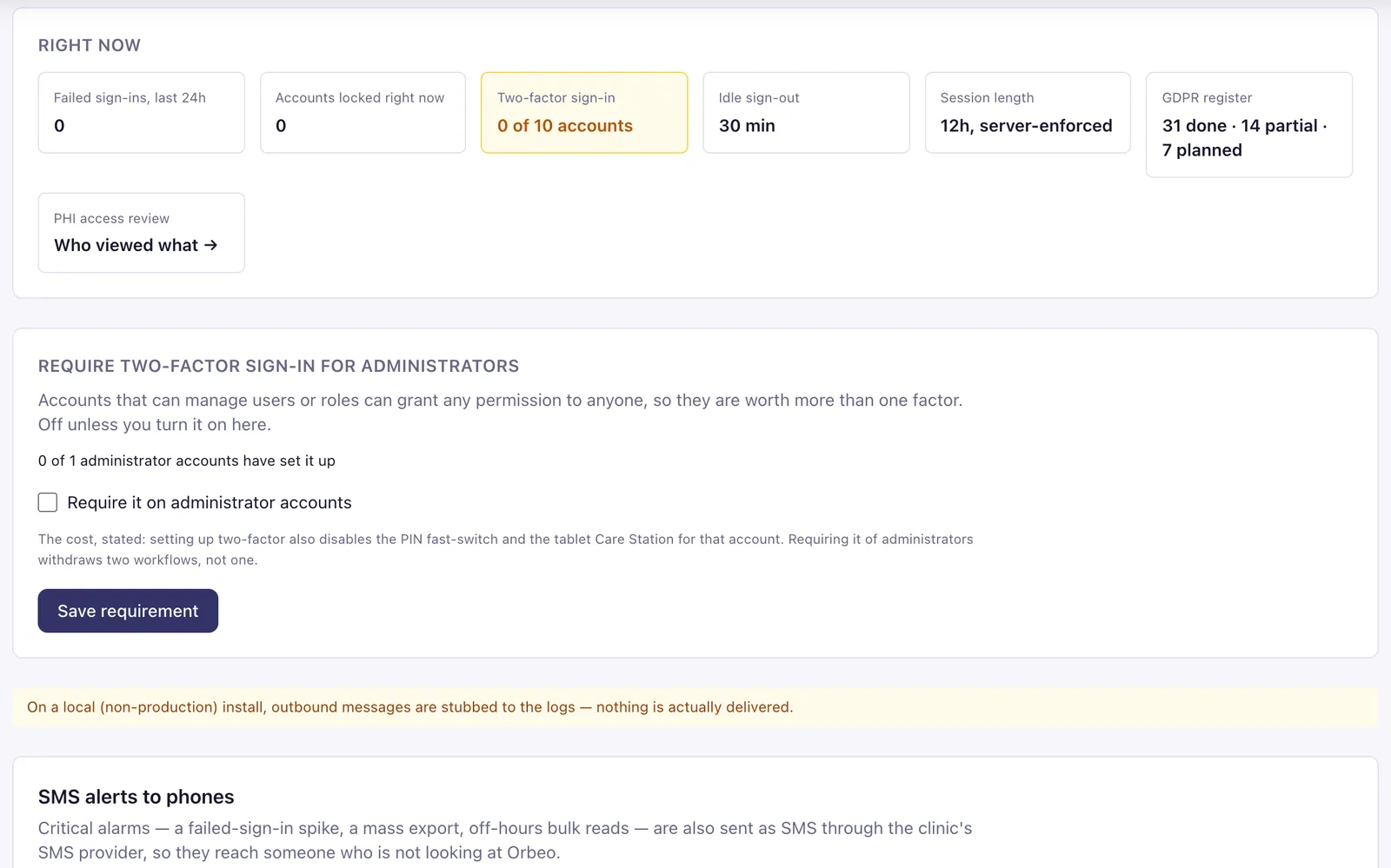 The security settings page